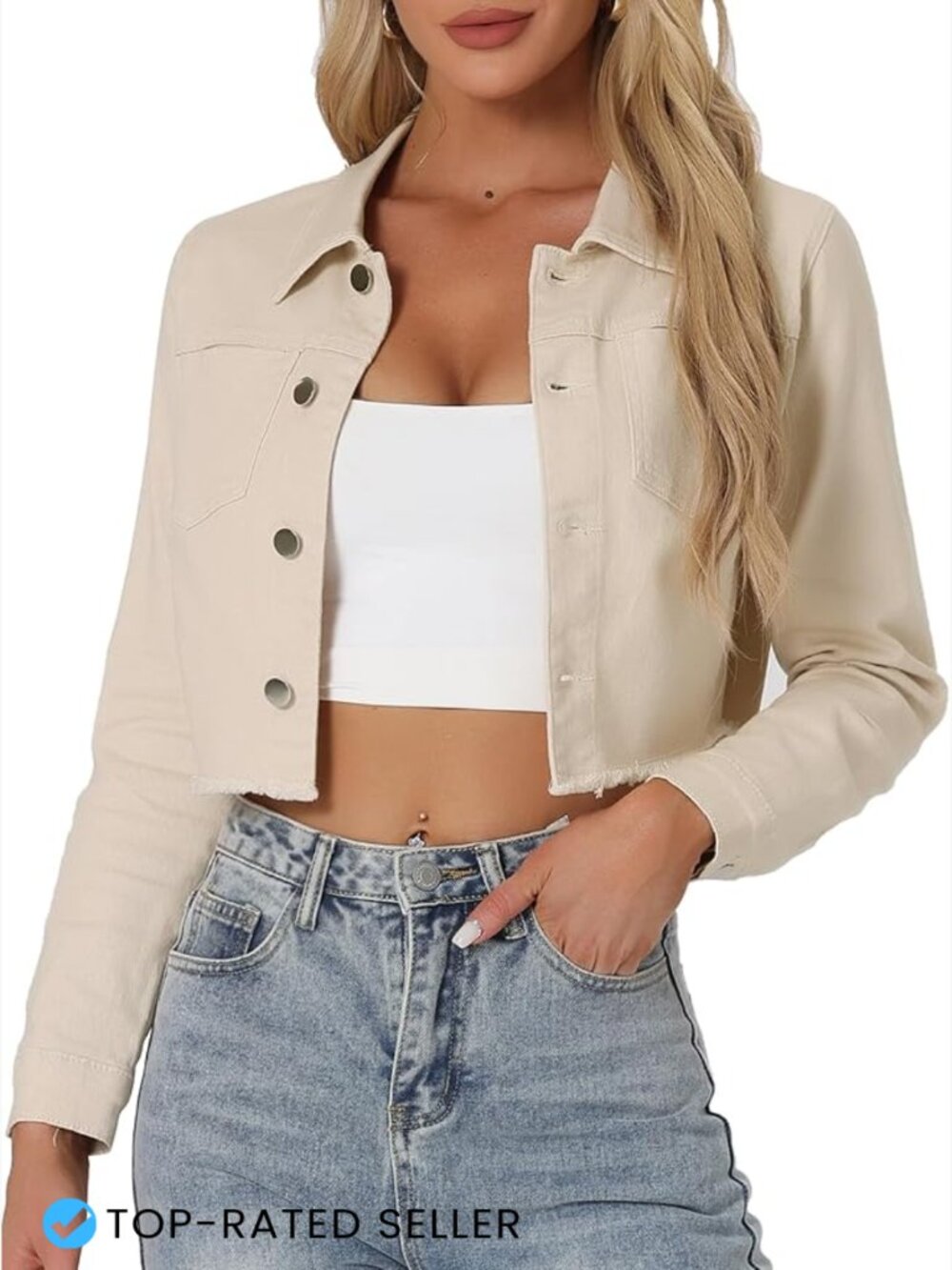 Cropped Denim Jacket Trendy 2026 Long Sleeve Frayed Hem Button Up Beige